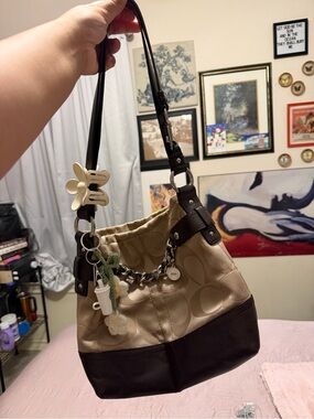 Coach Khaki Signature Canvas Crossbody with Chocolate Leather Trim